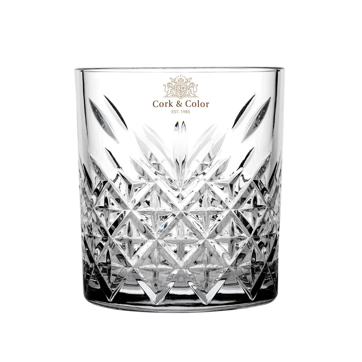 Vorderseite des Timeless Whisky Glases mit mehrfarbigem CorkColor Logo auf der transparenten Oberfläche.