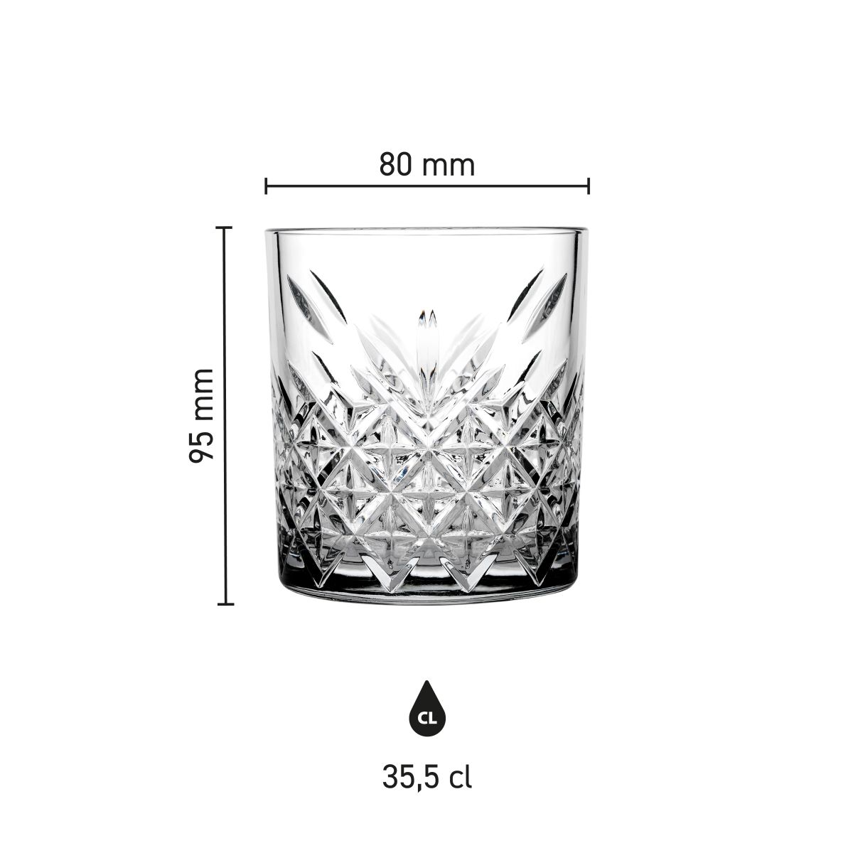 Die detaillierte Infografik zeigt Höhe, Durchmesser und Fassungsvermögen des  Timeless Whiskyglas 35,5 cl.