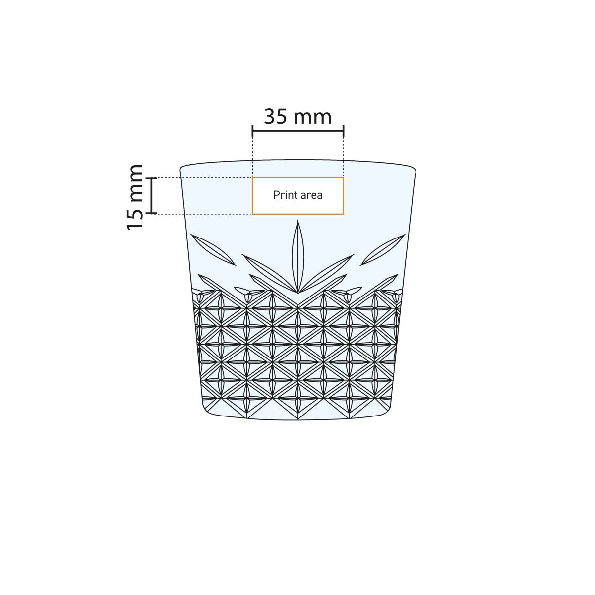 Schematische Arbeitszeichnung des Druckbereichs auf dem 34,5-cl-Stapelglas Timeless mit Logoanzeige.