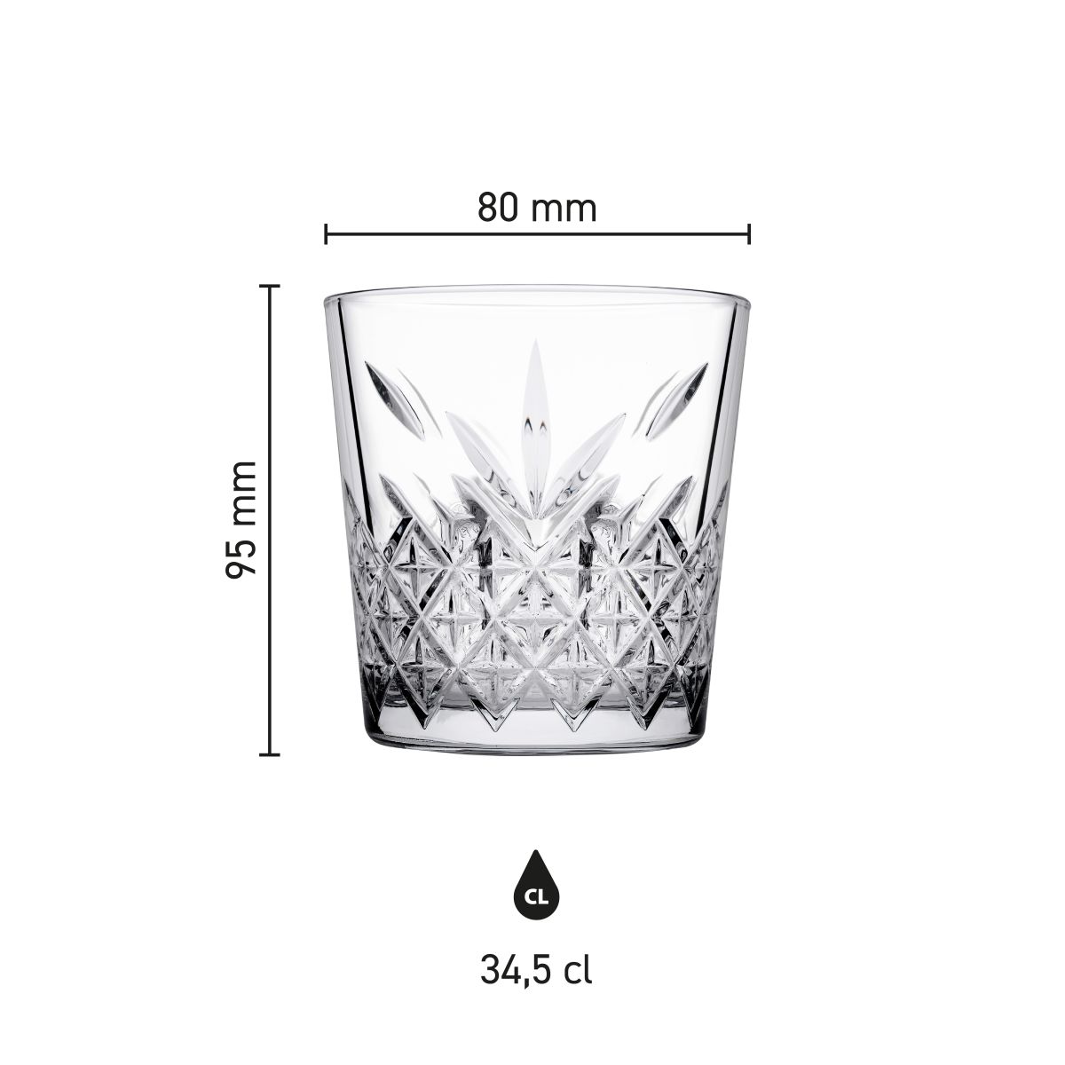 Infografik mit den Abmessungen des Timeless Whiskyglases 34,5 cl. einschließlich Höhe und Durchmesser.
