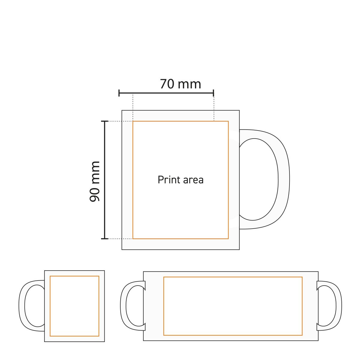 Schematische Darstellung des Druckbereichs auf dem Tomek-Becher 30 cl. mit Hinweis auf die Platzierung von Logo oder Text.
