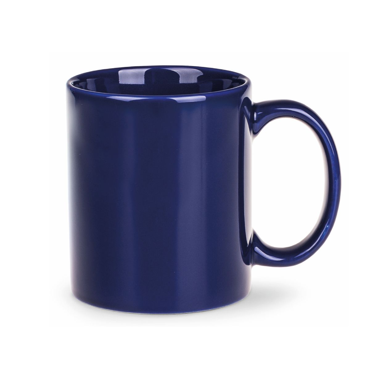 Vorderansicht der Tomek Tasse 30 cl. aus blauem Porzellan mit geraden Seiten, klassischem Henkel und glatter Oberfläche.