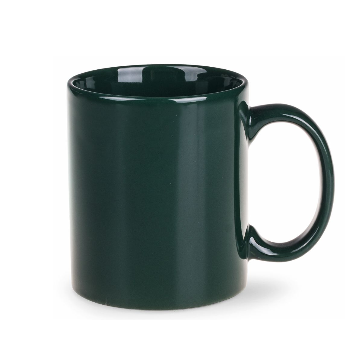 Vorderansicht der Tomek Tasse 30 cl. aus grünem Porzellan mit geraden Seiten, klassischem Henkel und glatter Oberfläche.