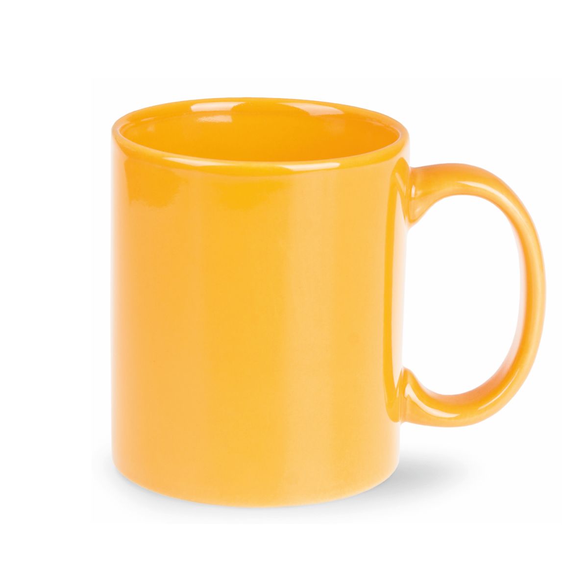 Vorderansicht der Tomek Tasse 30 cl. aus gelbem Porzellan mit geraden Seiten, klassischem Henkel und glatter Oberfläche.