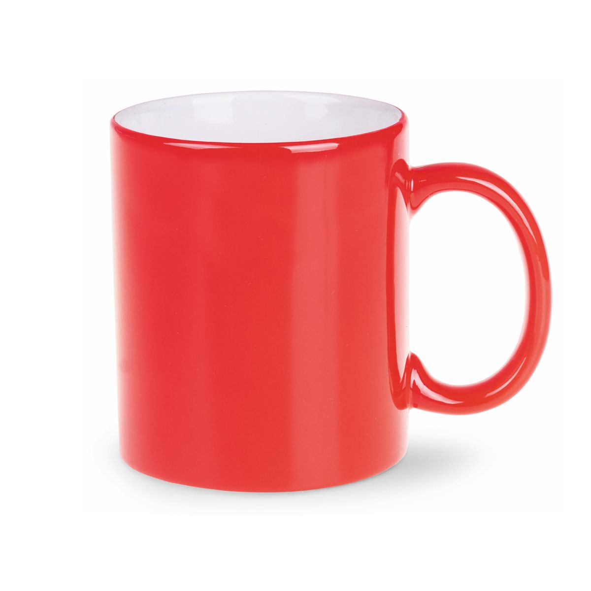 Vorderansicht der Tomek Tasse 30 cl. aus rotem Porzellan mit geraden Seiten, klassischem Henkel und glatter Oberfläche.