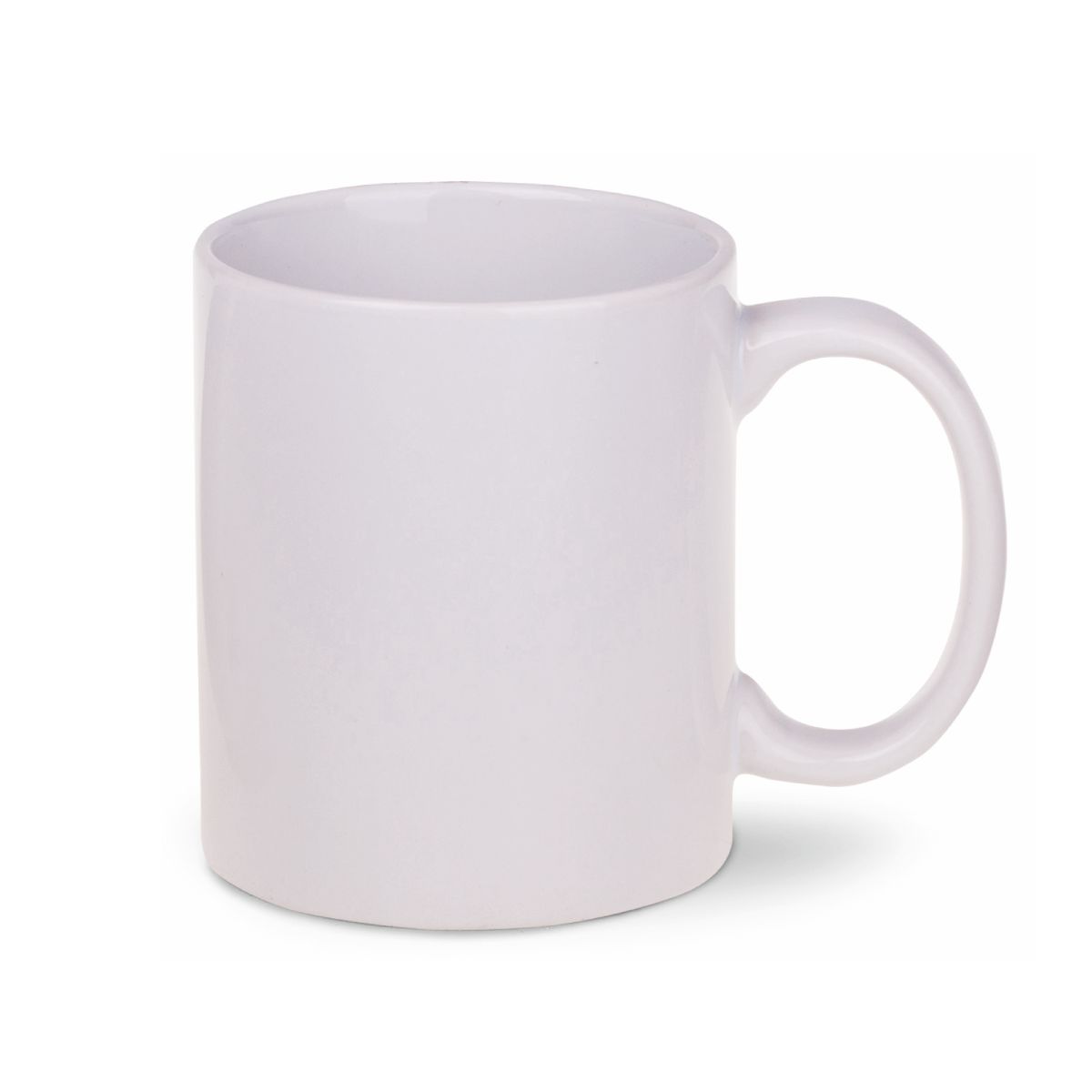 Frontansicht der Tomek Tasse 30 cl. aus weißem Porzellan mit geraden Seiten, klassischem Henkel und glatter Oberfläche.