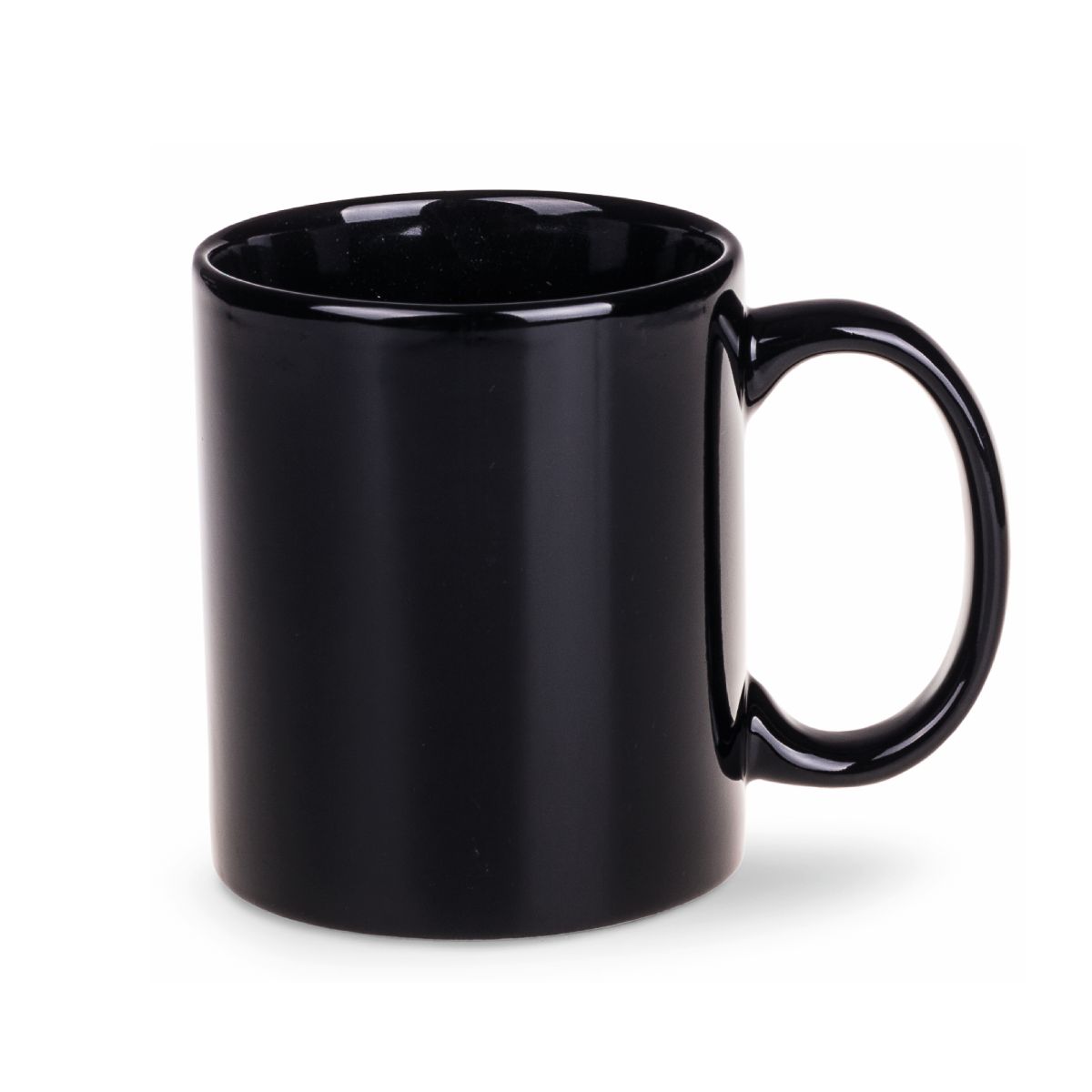 Vorderansicht des Tomek Tasse 30 cl. aus schwarzem Porzellan mit geraden Seiten, klassischem Griff und glatter Oberfläche.