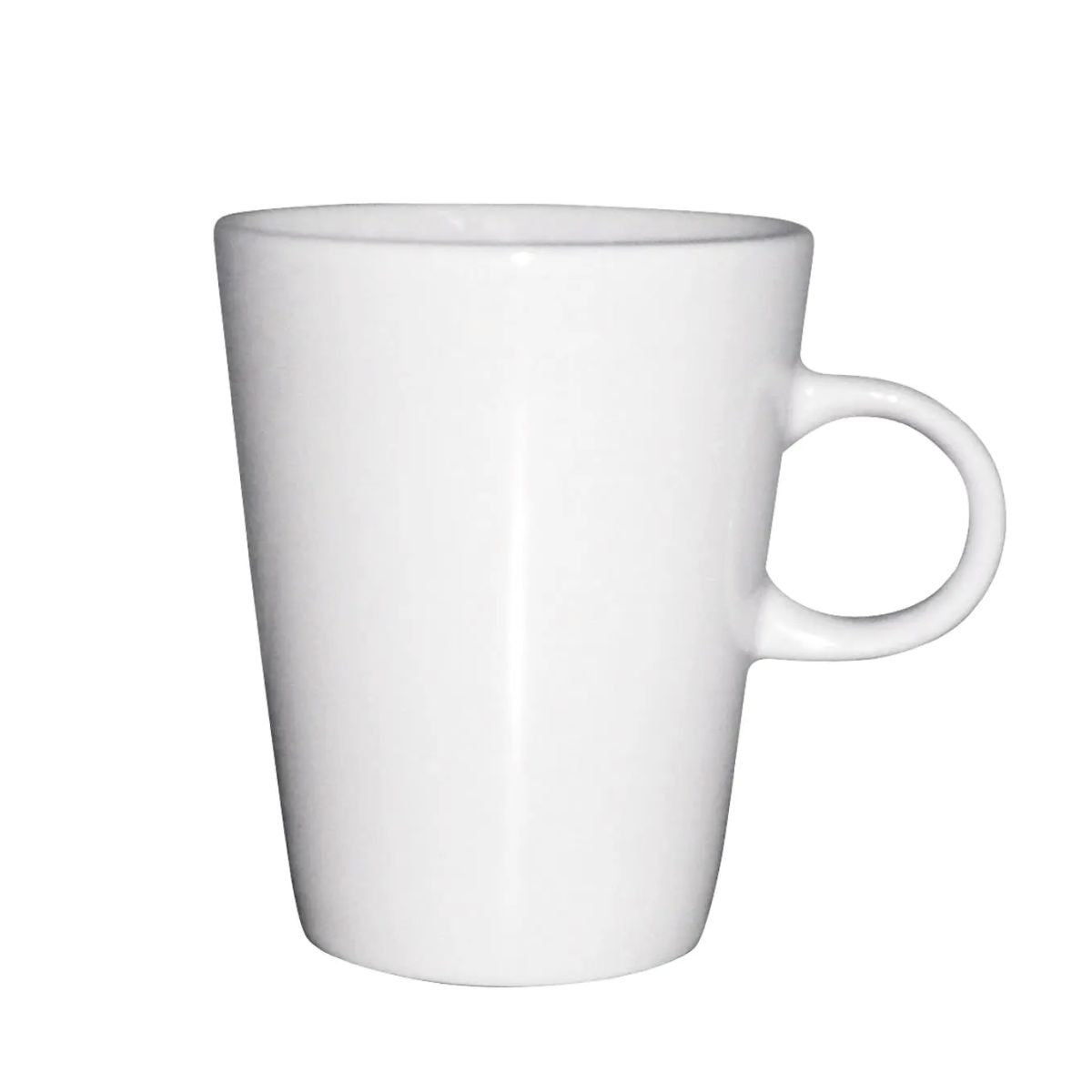 Vorderansicht der Trapo Tasse 25 cl. aus weißem Porzellan mit geradem Rand und großem Henkel. Vorderansicht der Trapo Tasse 25 cl. aus weißem Porzellan mit geradem Rand und großem Henkel.
