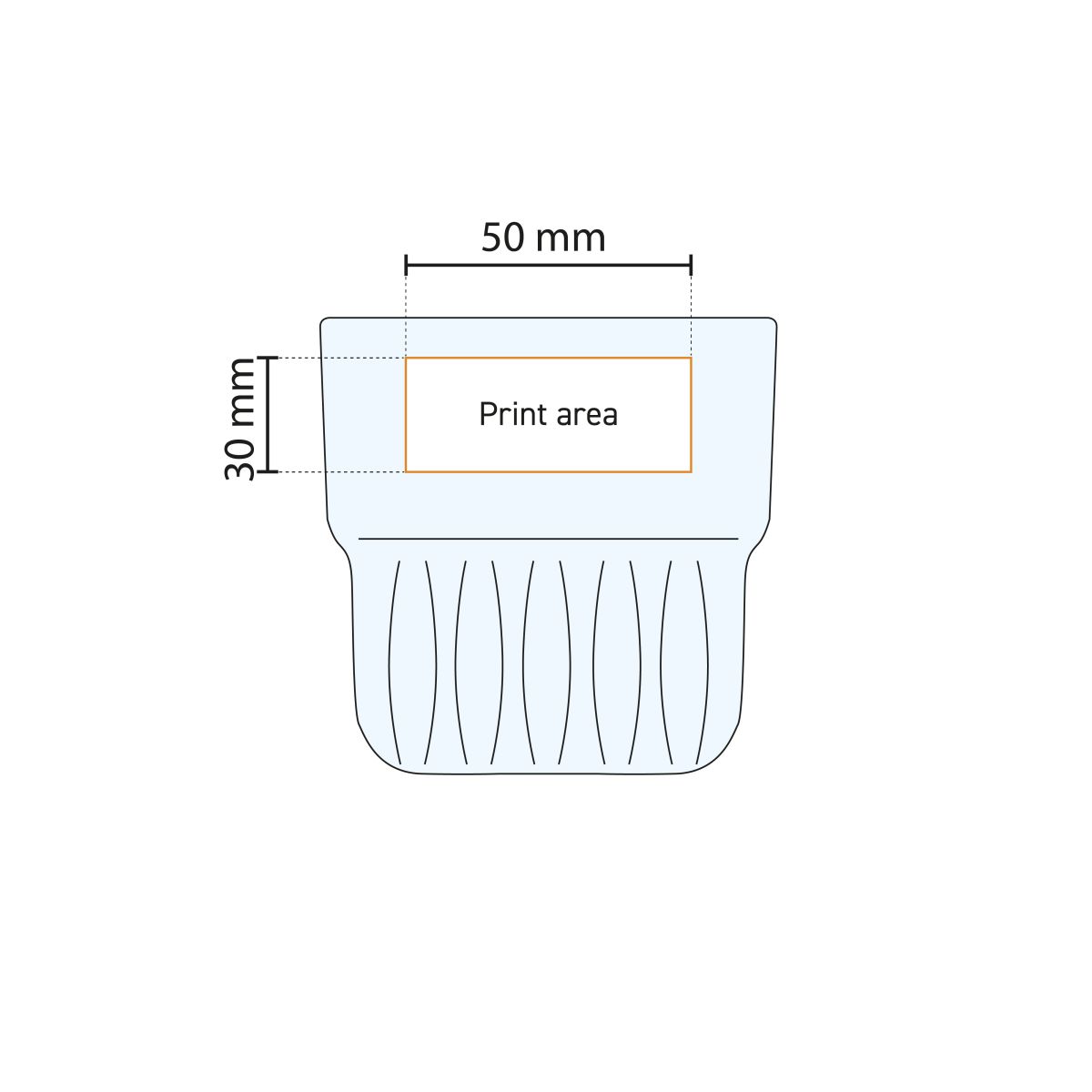 Technische Arbeitszeichnung zeigt die Druckfläche für den Druck auf Onis Becherglas 23 cl.