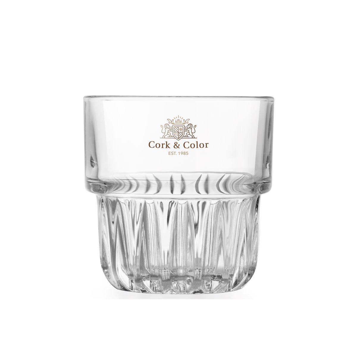 Vorderseite des Everest Tumbler 23 cl. Glas mit CorkColor-Logo in Vollfarbe auf der Glasoberfläche.