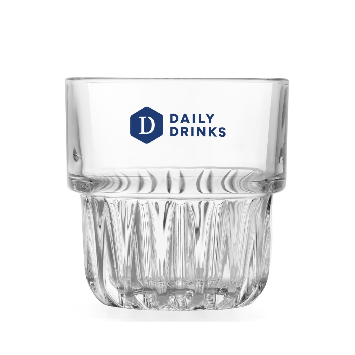 Everest Tumbler 35,5 cl. Glas mit blauem DailyDrinks-Logo in einer Farbe auf der Vorderseite des Onis Everest Bechers.