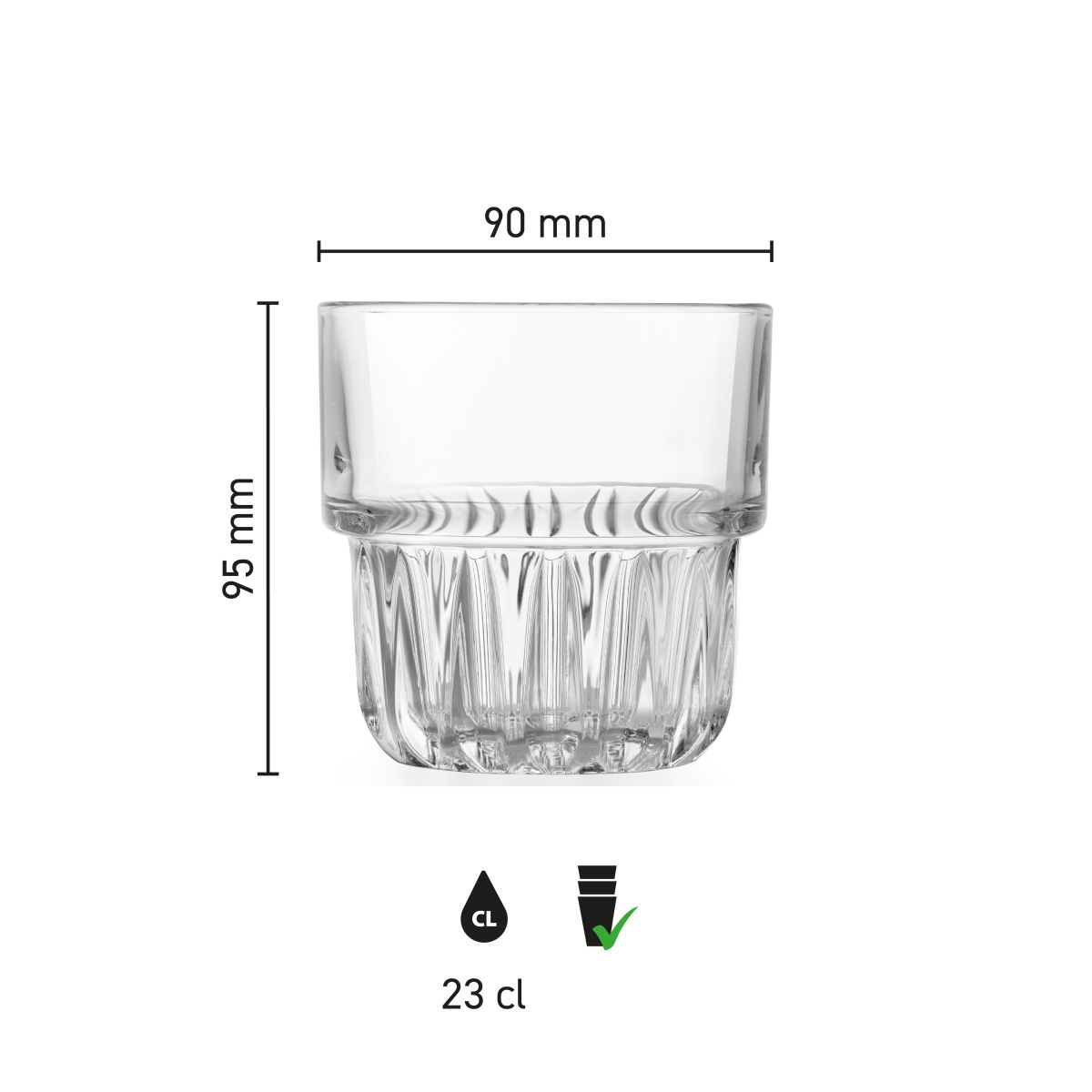 Infografik mit den Abmessungen des 35,5-cl-Glases Onis Everest, einschließlich Höhe und Durchmesser.
