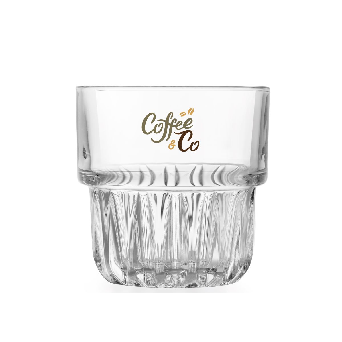 Onis Glas Tumbler 26 cl mit mehrfarbigem CoffeeCo-Logo auf der Vorderseite des transparenten Glases