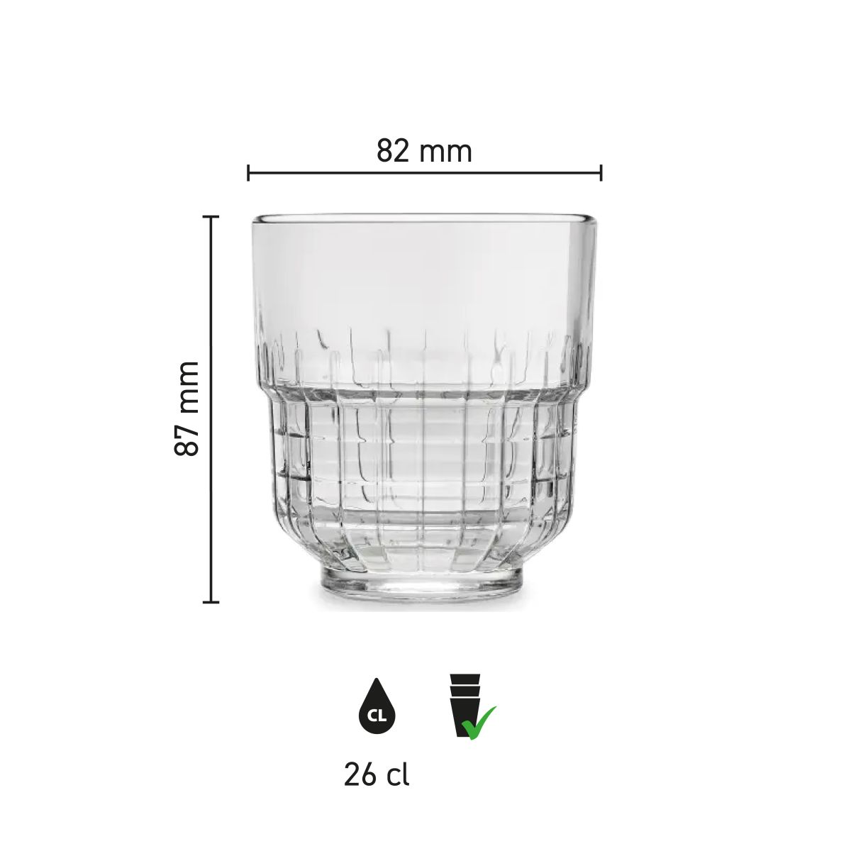 Die Infografik zeigt Höhe, Durchmesser und Fassungsvermögen des Tumbler Onis Glas 26 cl. in einer klaren Skala.