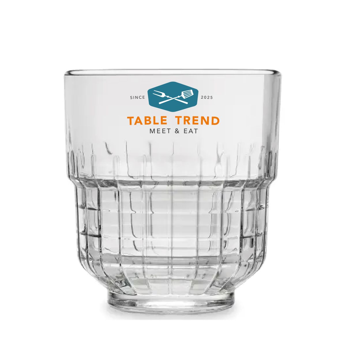 Tumbler Onis Glas 35 cl. mit mehrfarbigem TableTrend Logo auf der Vorderseite des transparenten Glases.