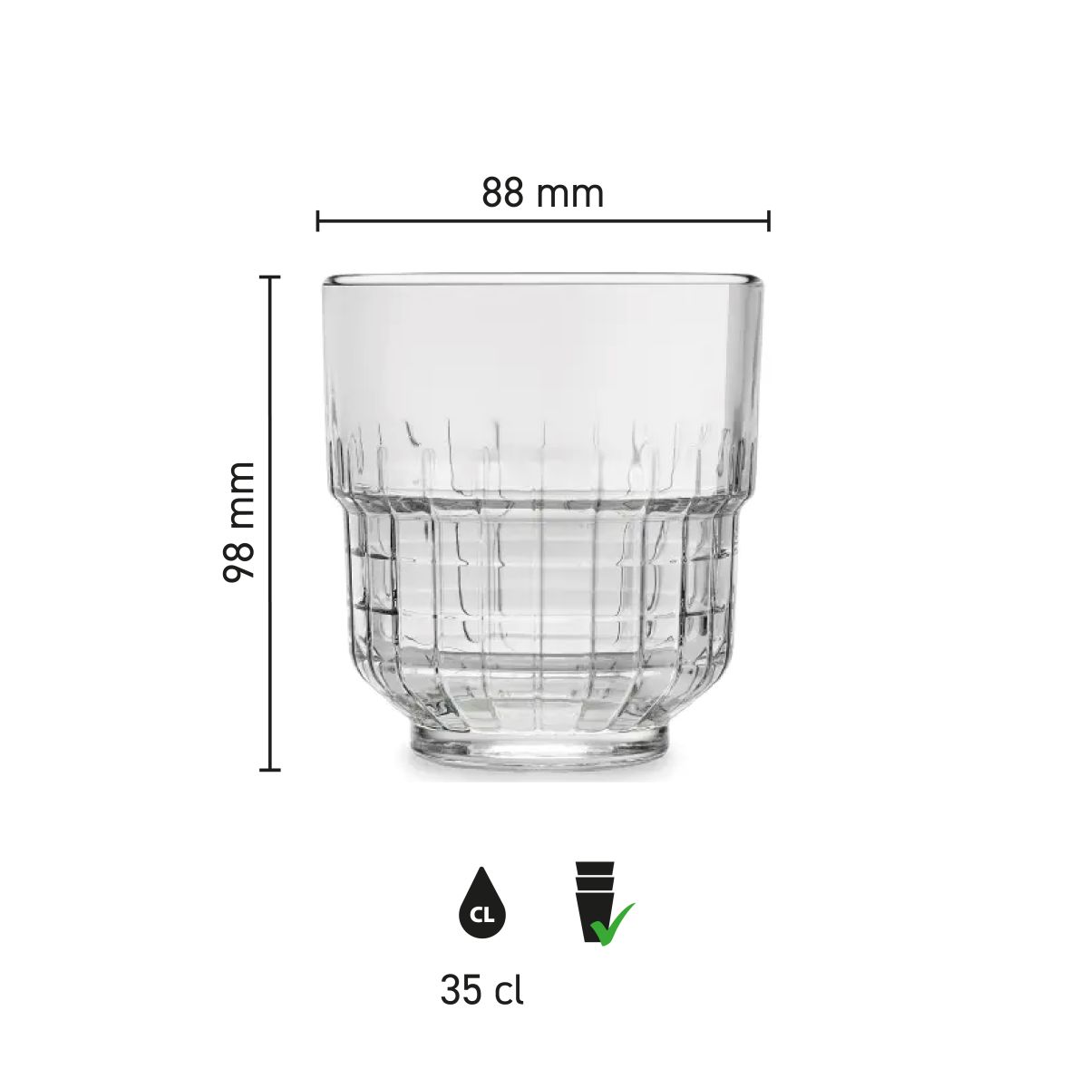 Infografik zeigt Höhe, Durchmesser und Fassungsvermögen des Tumbler Onis Glas 35 cl.
