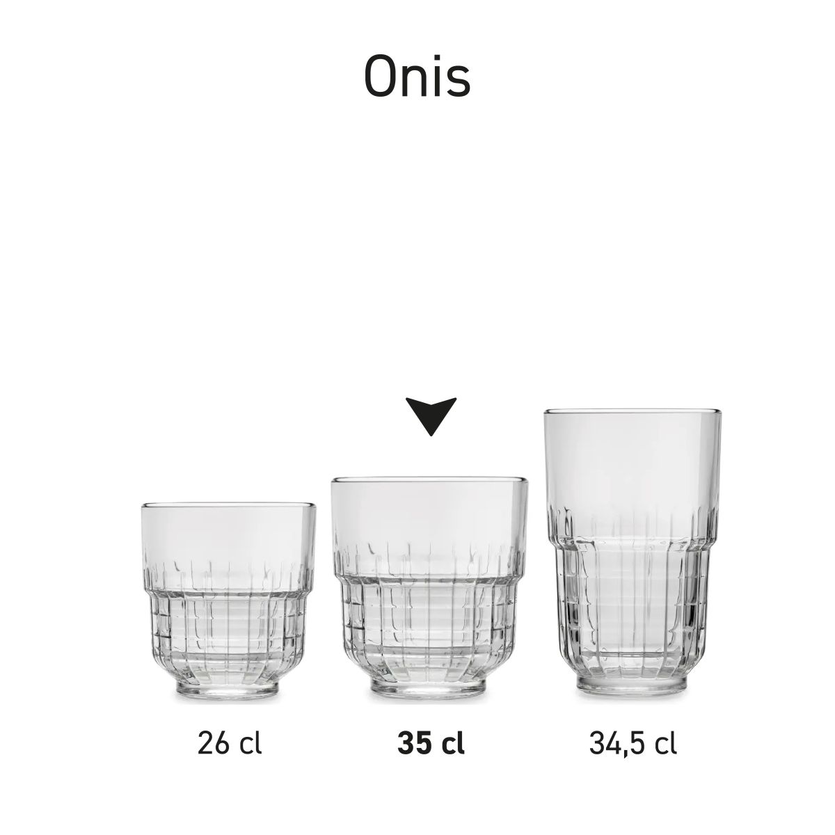 Mehrere Onis-Gläser werden nebeneinander als eine einheitliche Produktserie präsentiert.