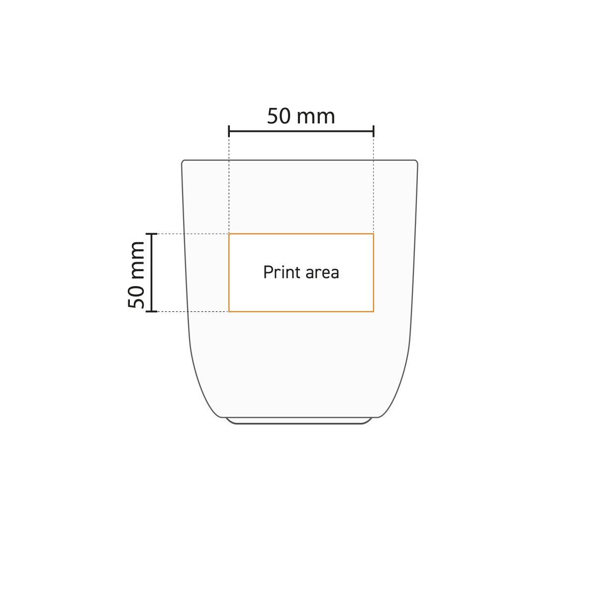 Die technische Arbeitszeichnung zeigt die Druckfläche auf der Vorderseite des Porzellanbechers 35 cl.