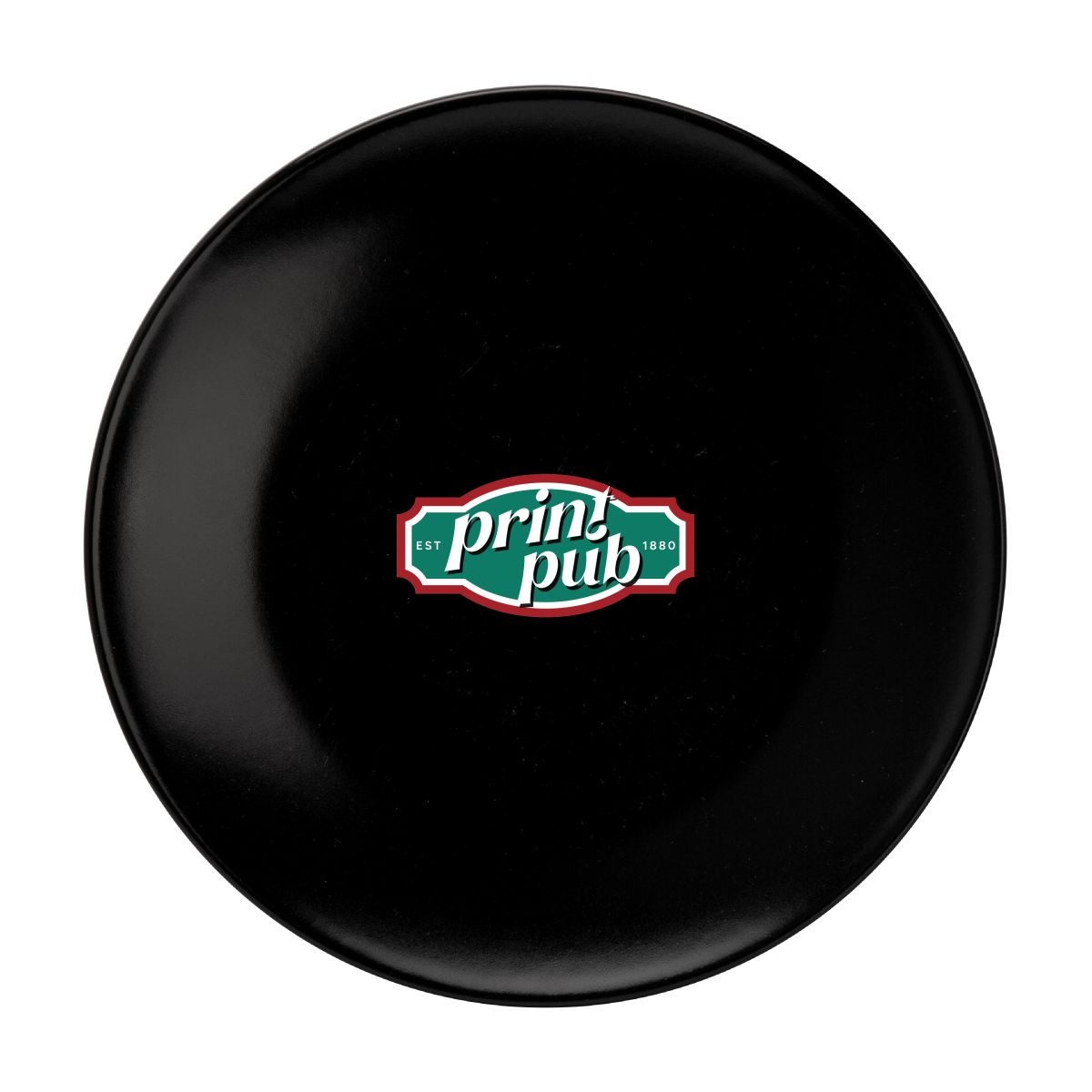 Mehrfarbig gedrucktes PrintPub-Logo auf der Vorderseite des 26 cm großen Porzellantellers.