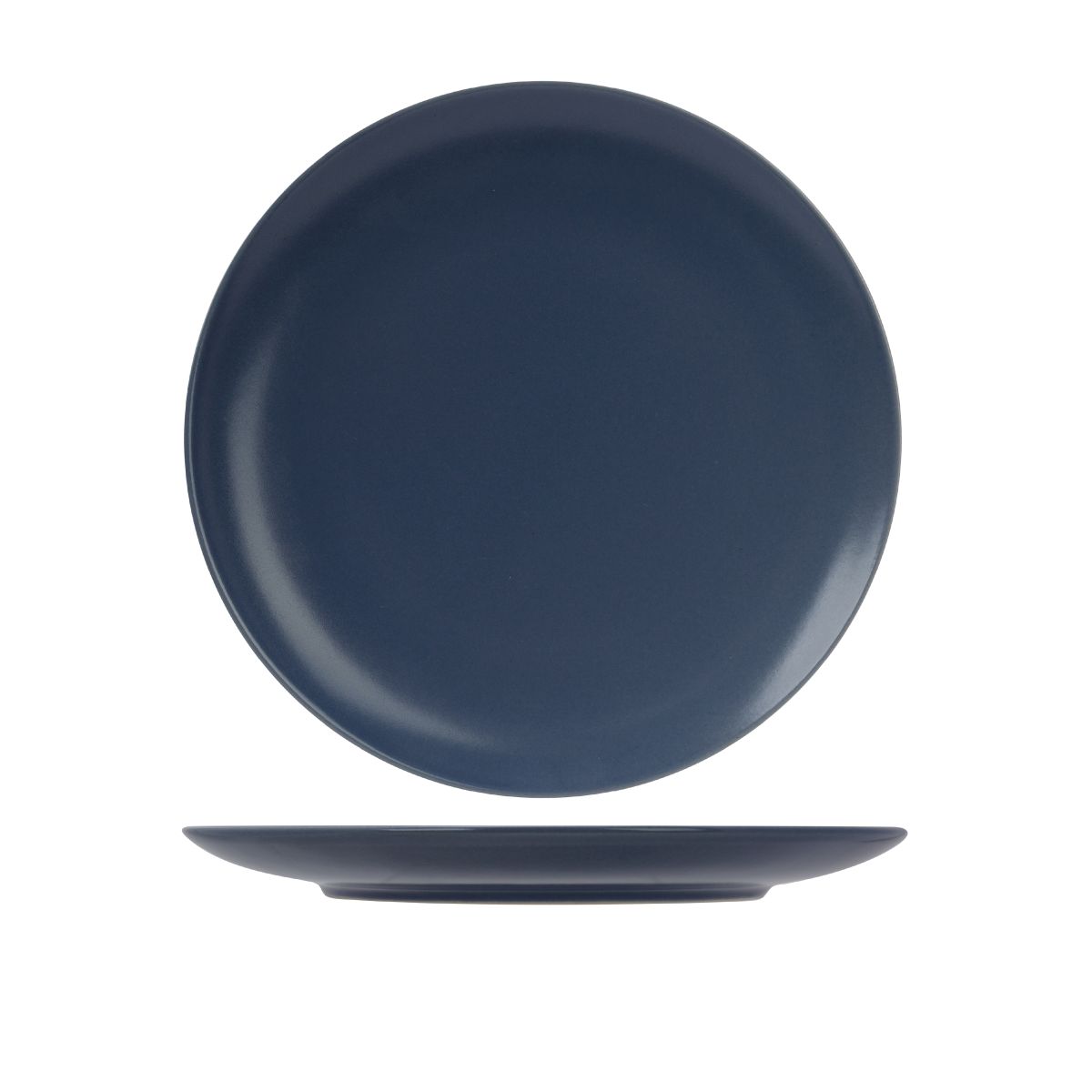 Venus Teller aus blauem Porzellan, 26 cm, runde Form, in der Vorderansicht.