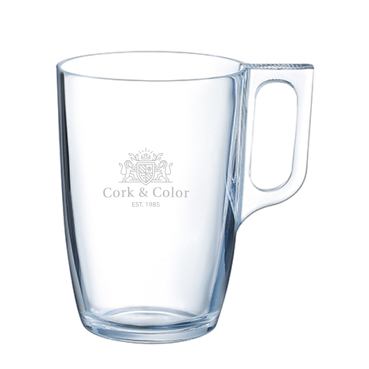 Gravur des CorkColor-Logos auf der Vorderseite des klaren Voluto Glas 40 cl.
