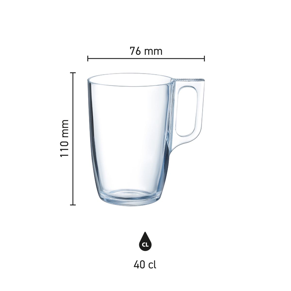 Infografik zu Höhe und Durchmesser des Voluto-Glases 40 cl.