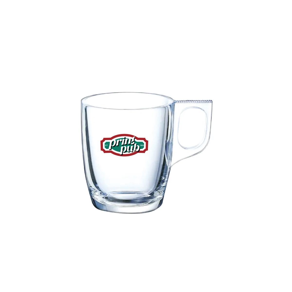 Mehrfarbiges PrintPub-Logo auf der Vorderseite des Voluto Espressoglas 9 cl. aus transparentem Glas.