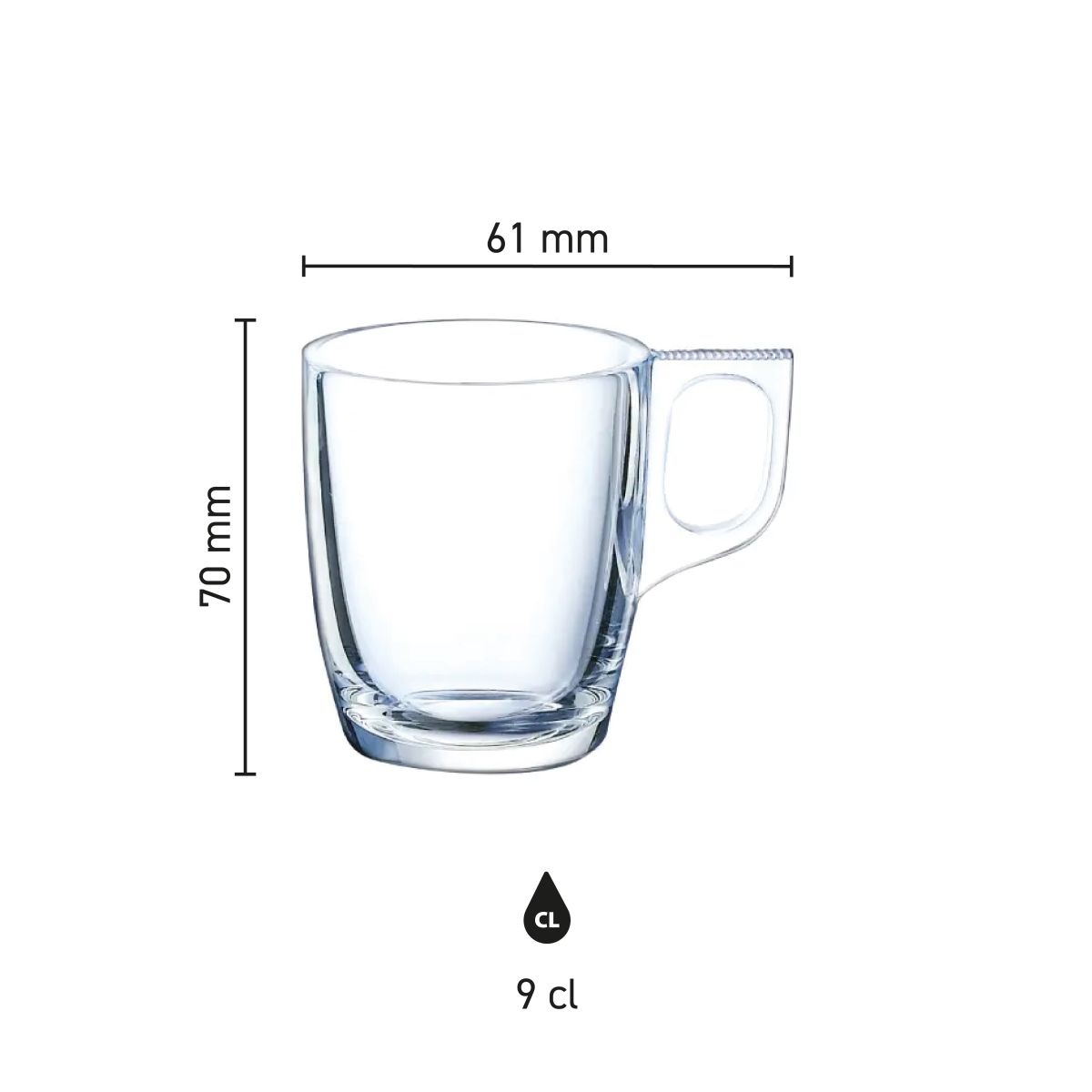 Infografik zeigt Höhe und Durchmesser des Voluto Espressoglases 9 cl.
