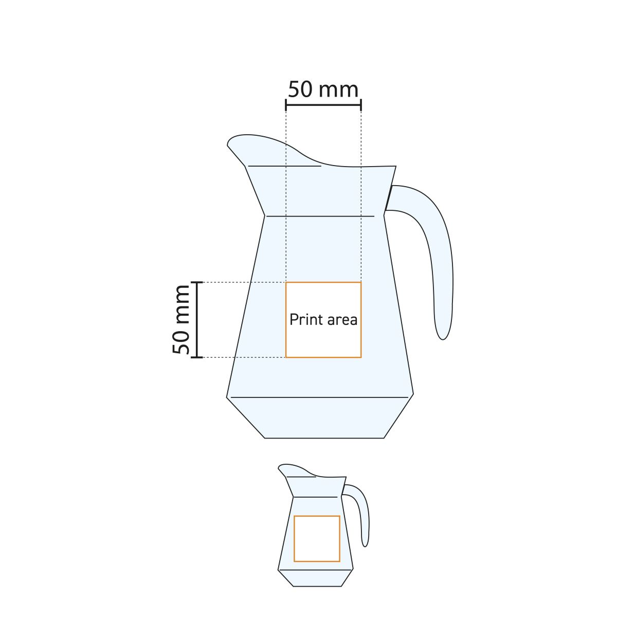 Die technische Arbeitszeichnung zeigt den Druckbereich der Glaskanne Broc Arc 1,0 Liter.