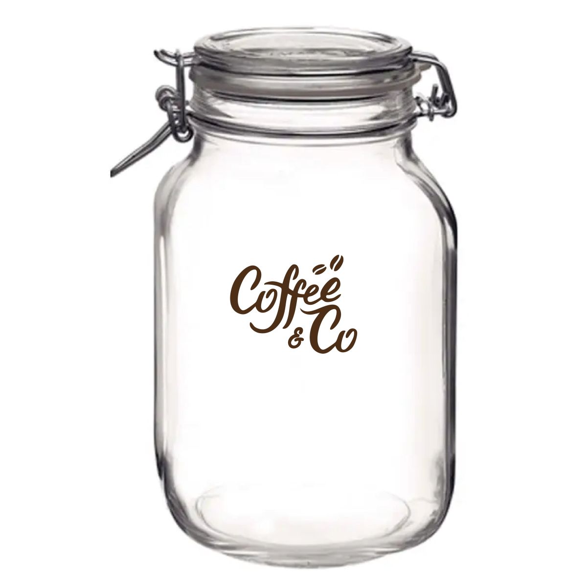 Fido weckpot 2 Liter quadratisches Glas mit CoffeeCo-Logo in einer Farbe auf der Vorderansicht.