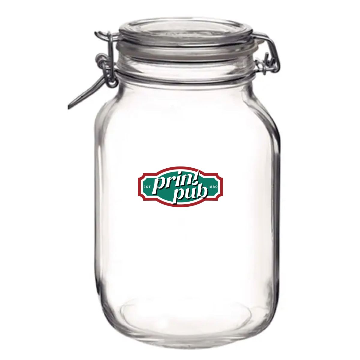 Mehrfarbiges PrintPub-Logo auf der Vorderseite des quadratischen Fido Weckglases 2 Liter.