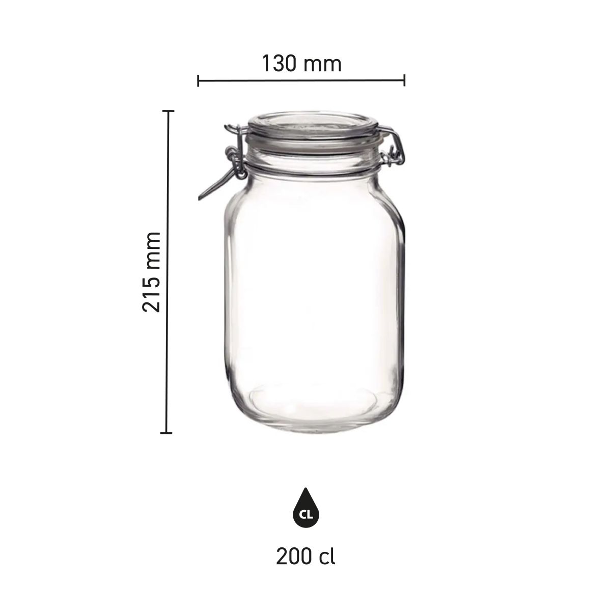 Die Infografik zeigt die Abmessungen des quadratischen Fido 2-Liter-Topfes, einschließlich Höhe und Breite.