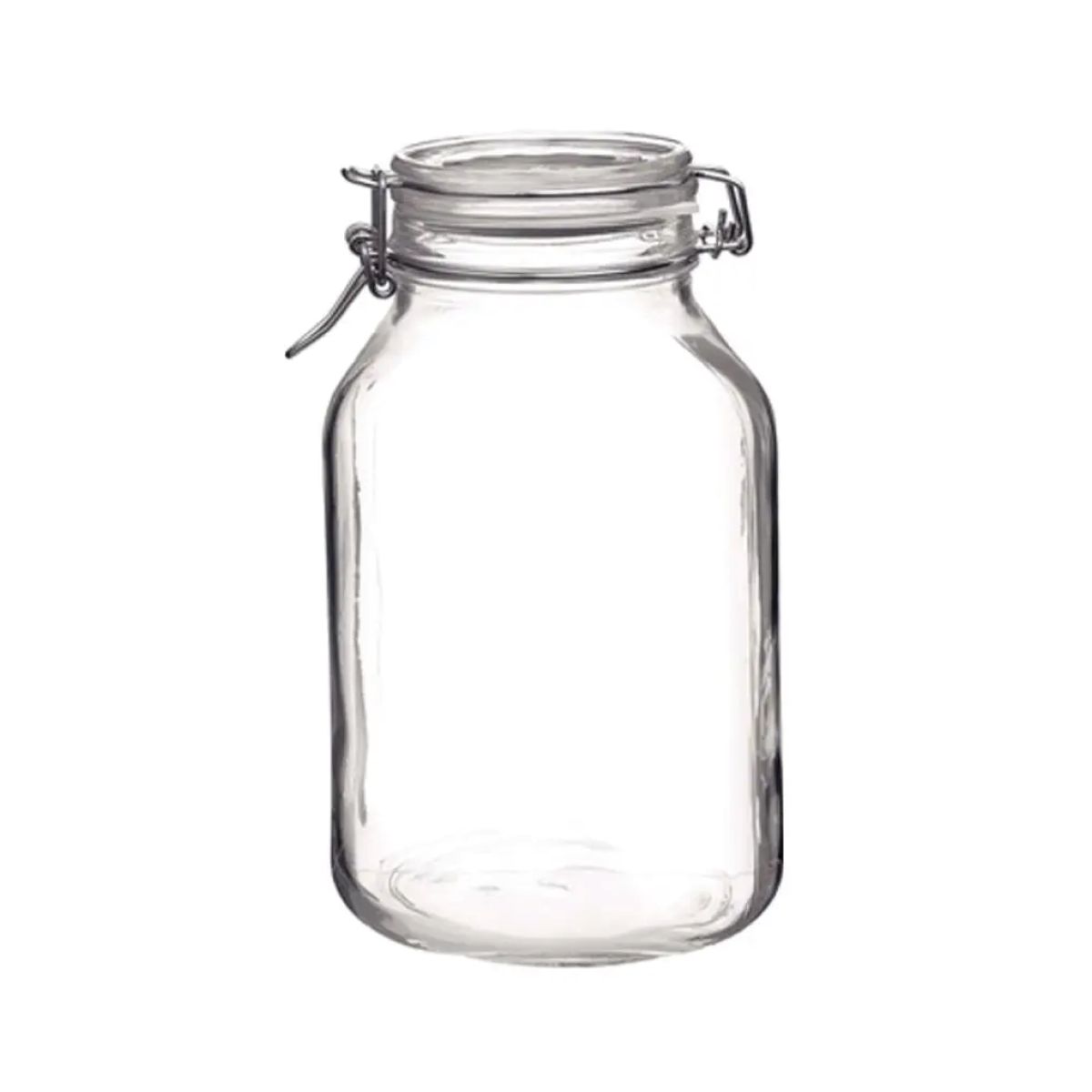 Gerade Vorderansicht des Einweckglas 3 Liter Fido mit transparentem Glas und Metallverschluss.