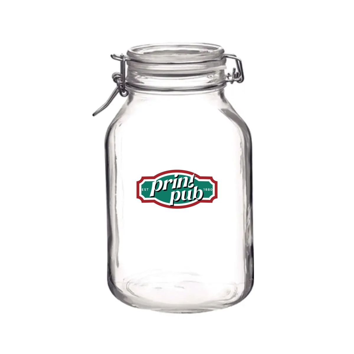 Vorderseite des Einweckglas 3 Liter Fido mit mehrfarbigem PrintPub-Logo auf dem Glas.