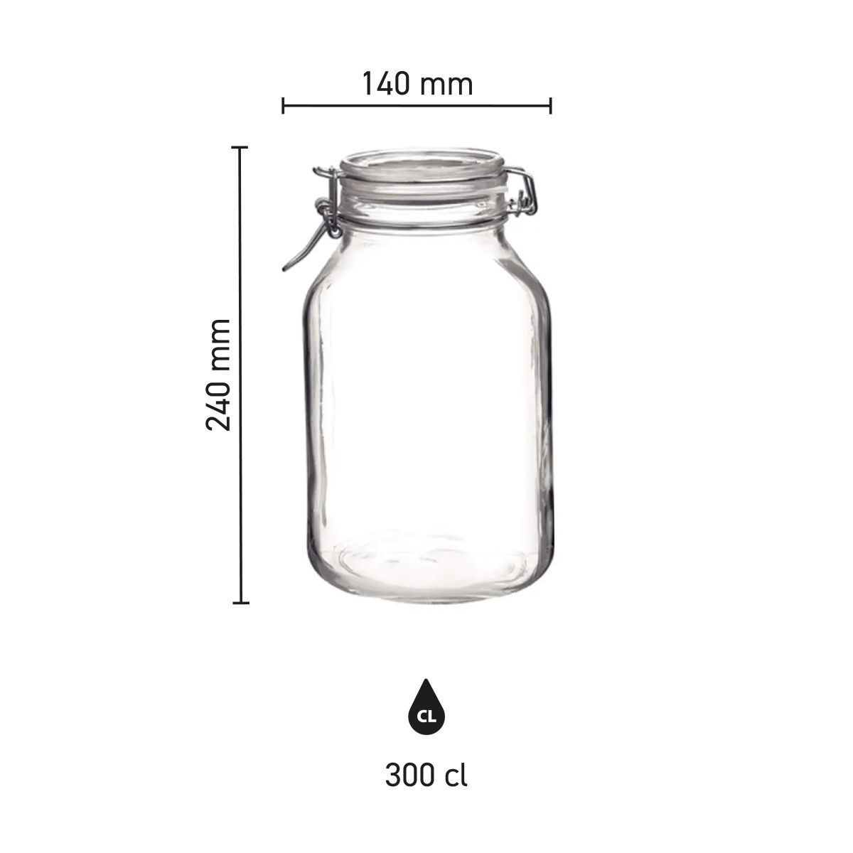 Infografik mit den Maßen des Einweckglas 3 Liter Fido, zeigt Höhe, Breite und Volumen.