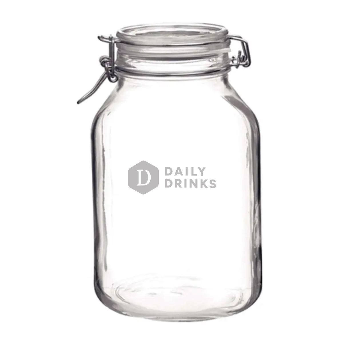 Vorderseite des Einweckglas 4 Liter Fido mit eingraviertem DailyDrinks-Logo, das dezent in das Glas eingearbeitet ist.