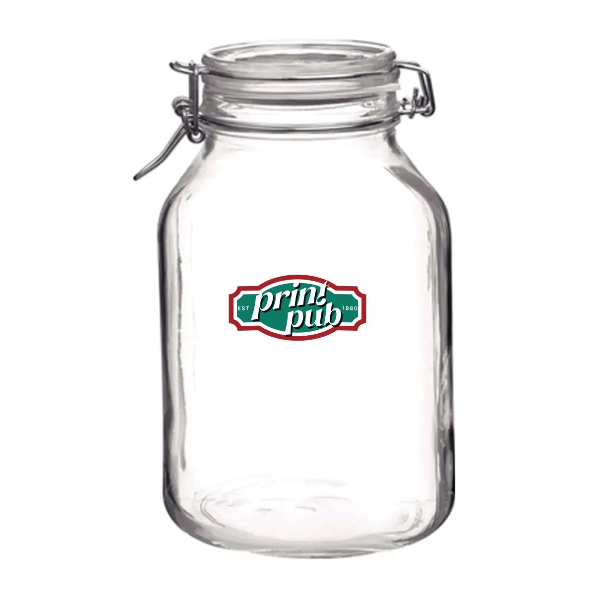 Einweckglas 4 Liter Fido mit mehrfarbigem PrintPub-Logo auf der Vorderseite der runden Glasfläche.