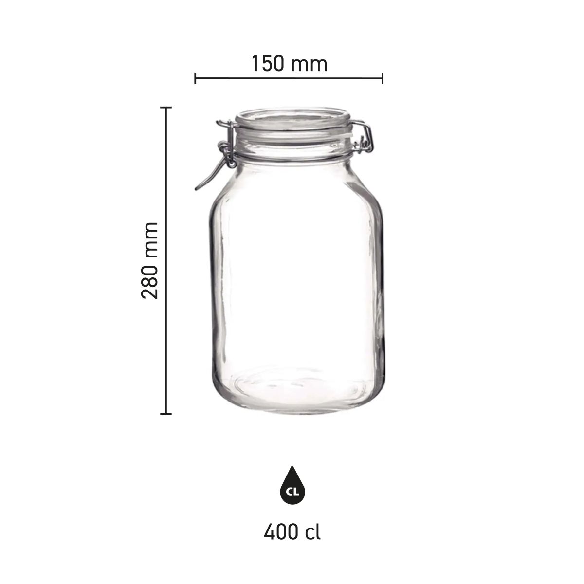 Infografik zu Höhe, Durchmesser und Fassungsvermögen des Weckpot Fido 4 Liter in runder Ausführung.