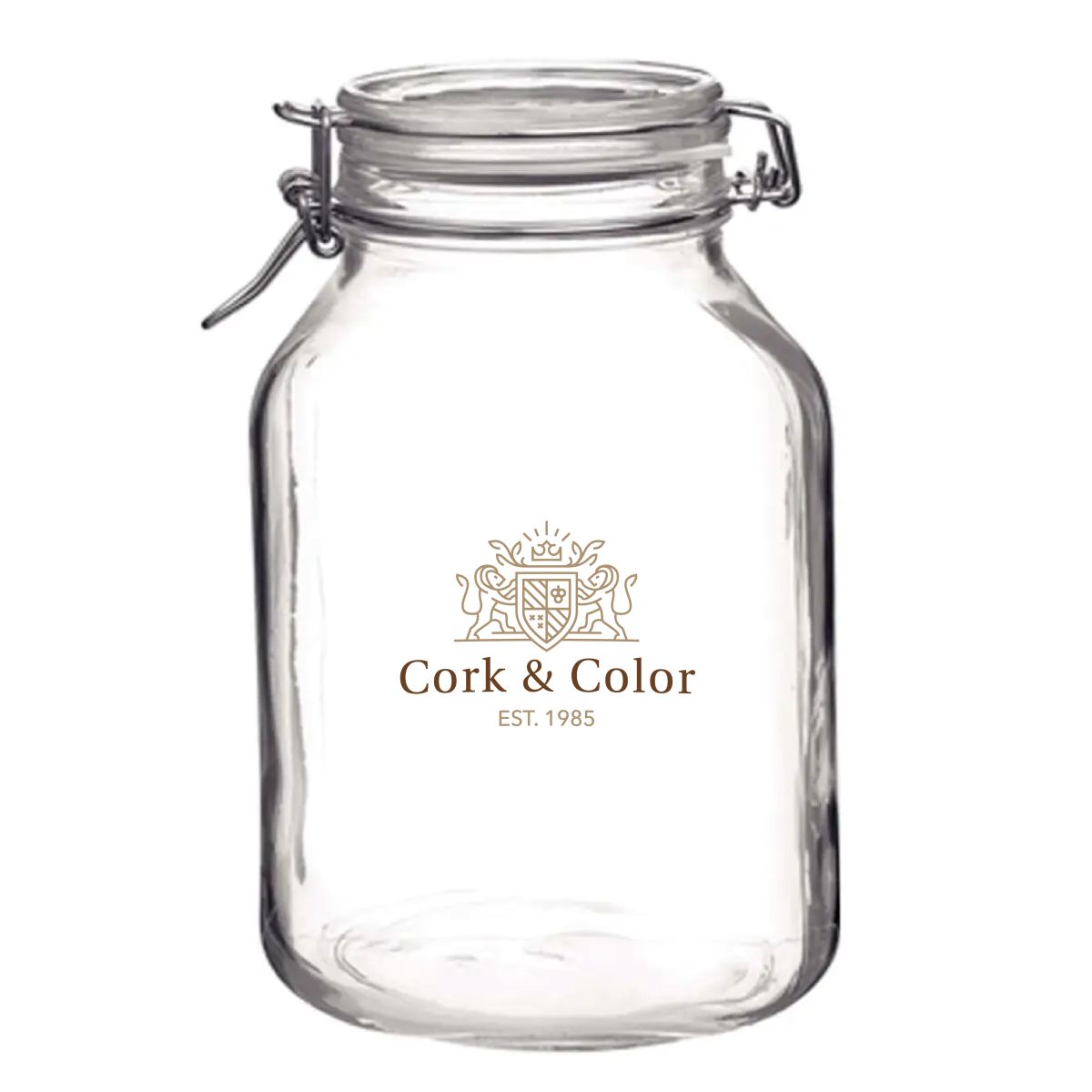 Einweckglas 5 Liter Fido mit mehrfarbigem CorkColor-Logo auf der Vorderseite des runden Glases.