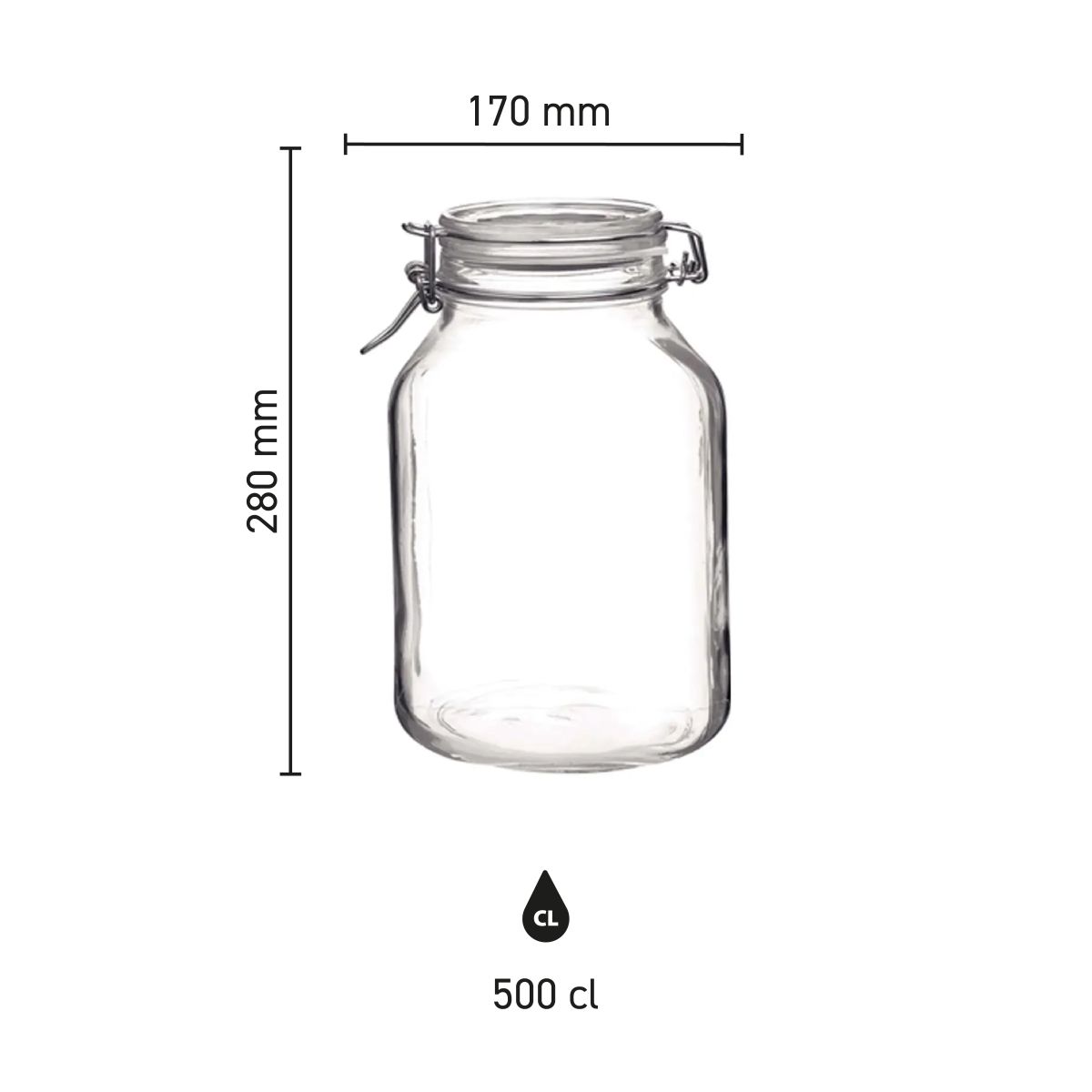 Infografik mit Höhe, Durchmesser und Fassungsvermögen des runden Weckpot Fido 5 Liter in klaren Abstufungen.