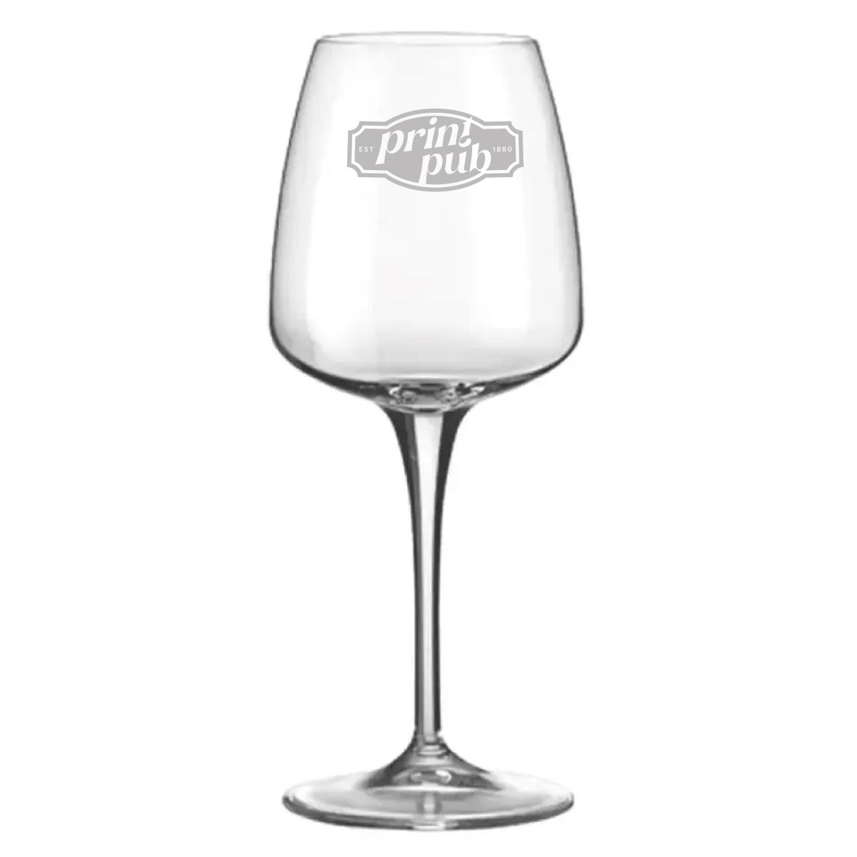 Aurum Weinglas 52 cl. mit eingraviertem PrintPub-Logo in der Mitte des Glases, das auf der Vorderseite sichtbar ist.
