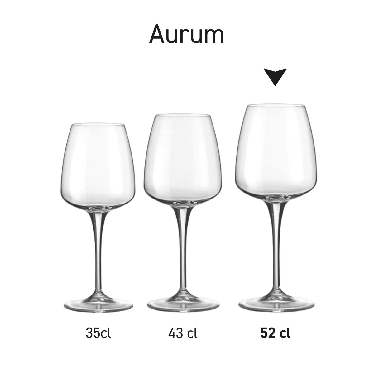 Detaillierte Infografik mit Maßstab und Abmessungen des Aurum Weinglases 52 cl.